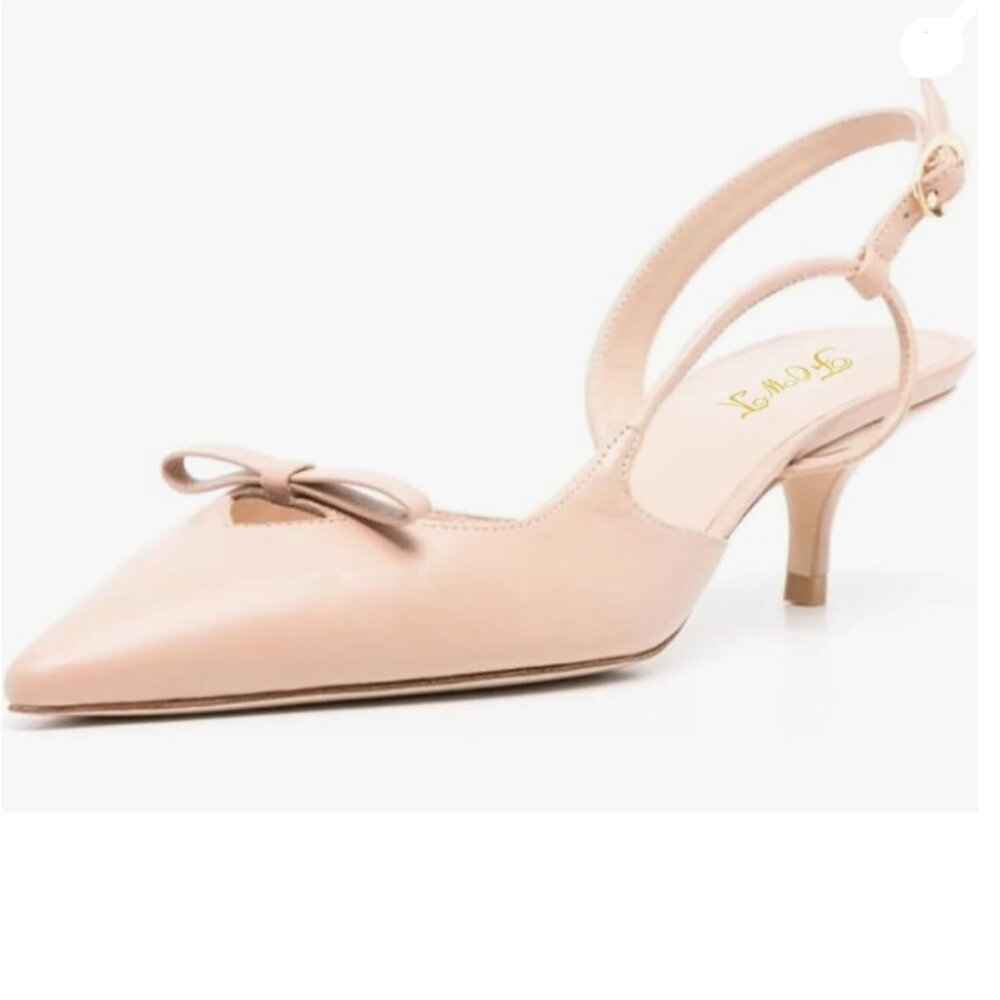 FOWT Light Apricot Charming Bow Pointed Toe Kitten Heel Slip on Slingback Pumps